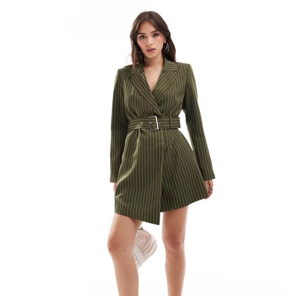 💜 NWT Extro & Vert Belted Mini Blazer Dress (Green w/ Khaki Stripes)